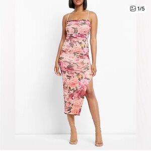 Express Body Con Ruched Floral Midi Dress
